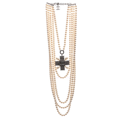 Chanel Pearl Crystal Baguette Double Strand CC Necklace Silver 3 of 5