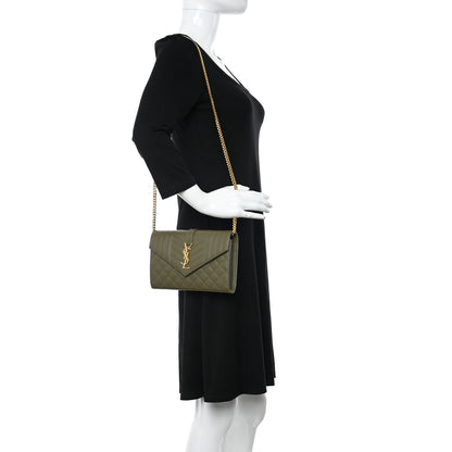 Saint Laurent Grain De Poudre Mixed Matelasse Triquilt Monogram Chain Wallet Kaki 2 of 9