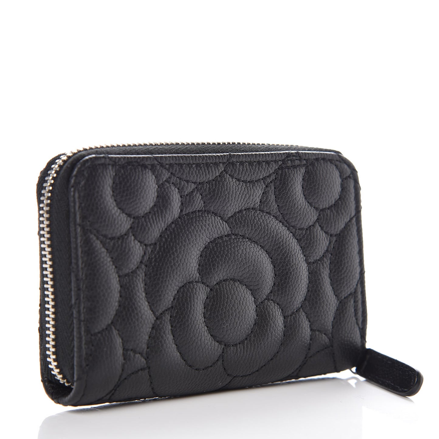 Caviar Camellia Embossed Zip Coin Purse Black