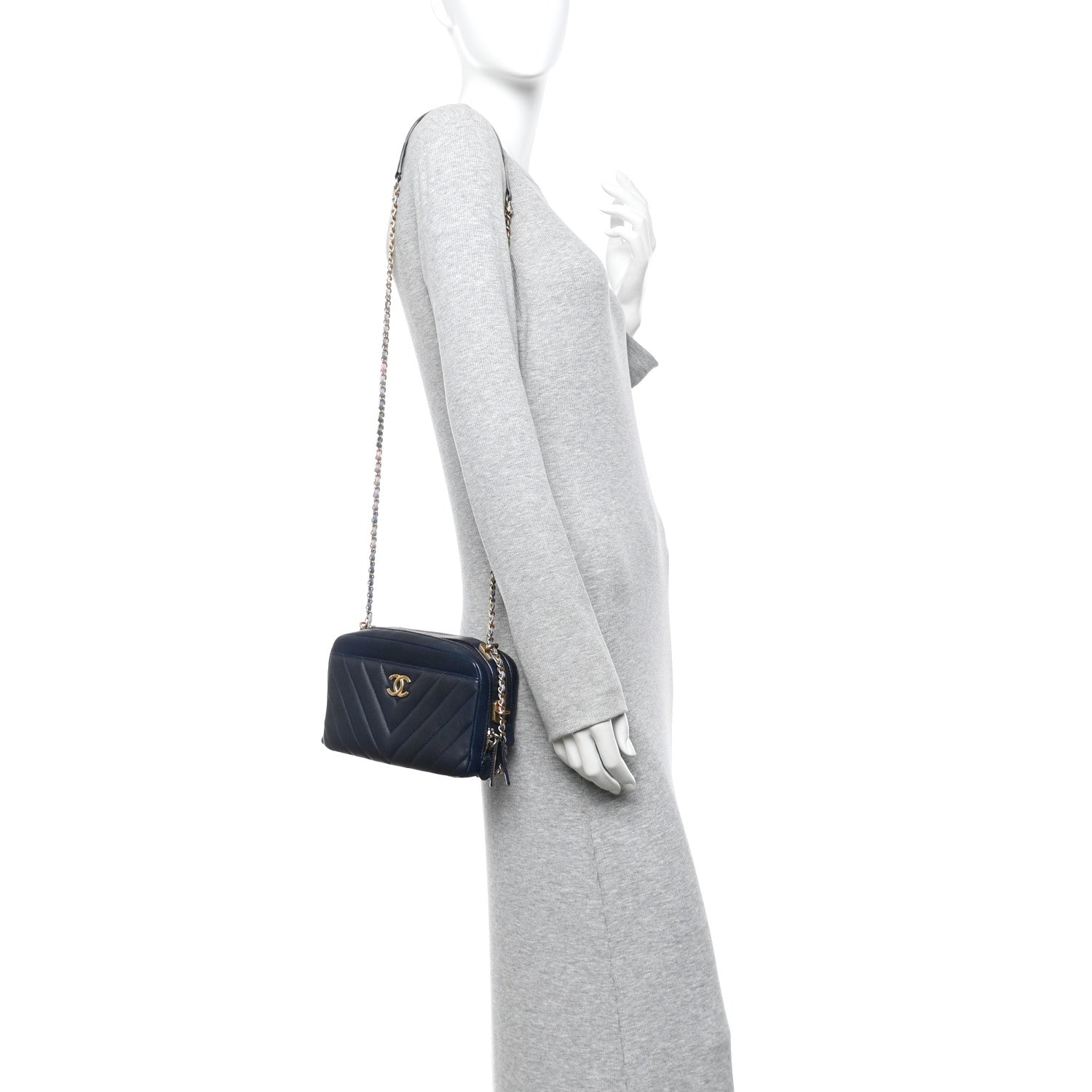Chanel Lambskin Chevron Quilted Chain Around Camera Case Navy 2 of 12