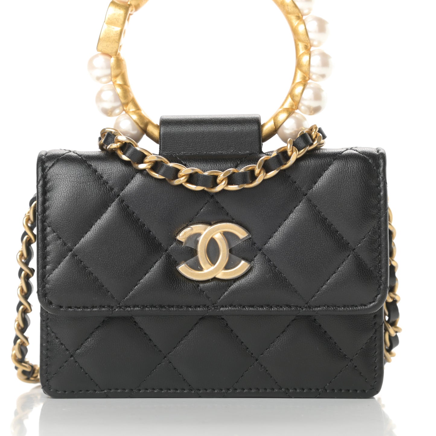 Lambskin Quilted Pearl Crown Clutch With Chain Black