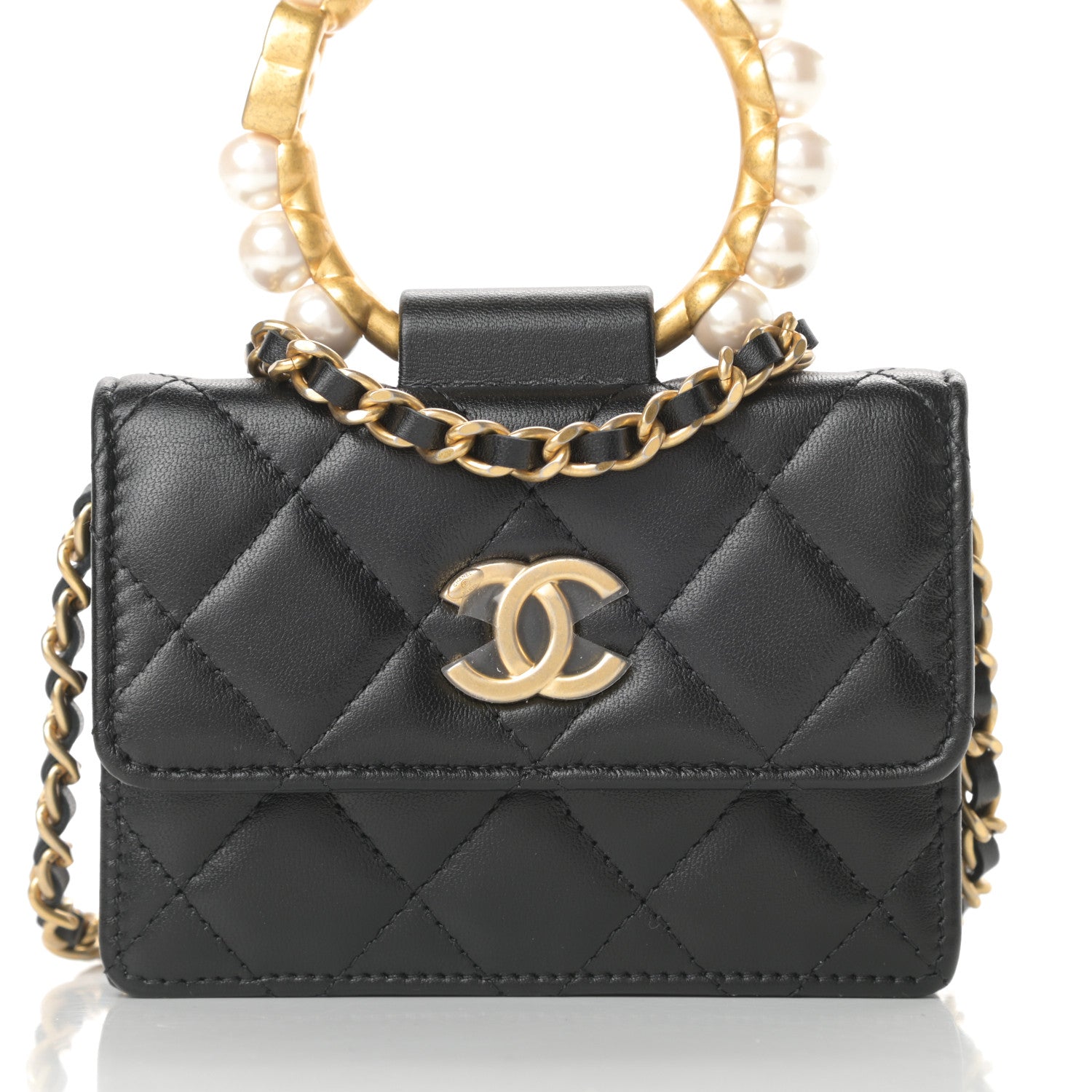 Chanel Lambskin Quilted Pearl Crown Clutch With Chain Black 9 of 12