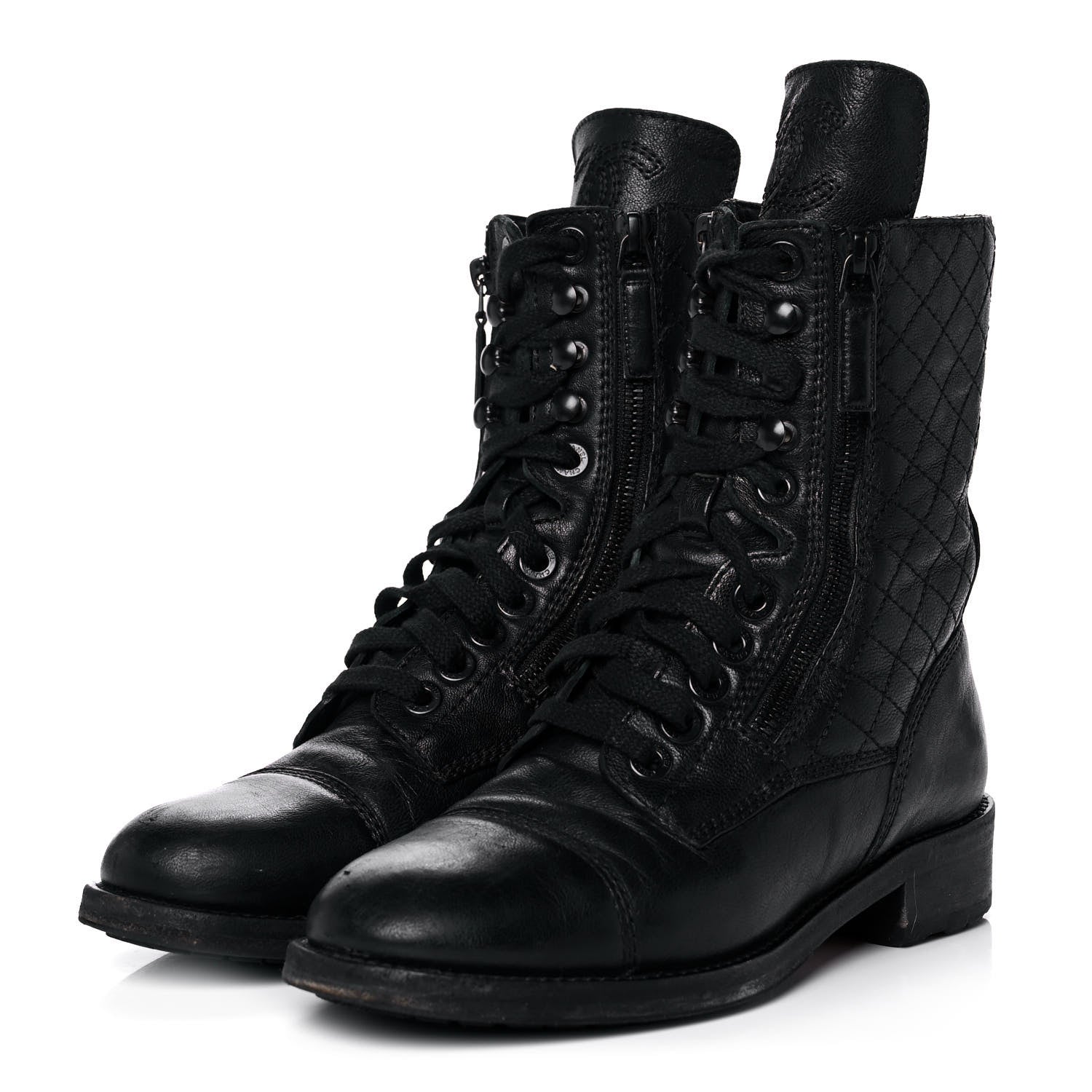 Chanel Calfskin Quilted Lace Up Combat Boots 36 Black 3 of 8