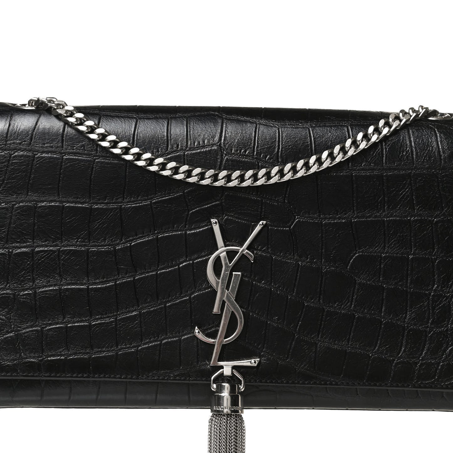 Calfskin Crocodile Embossed Medium Classic Monogram Kate Tassel Satchel Black