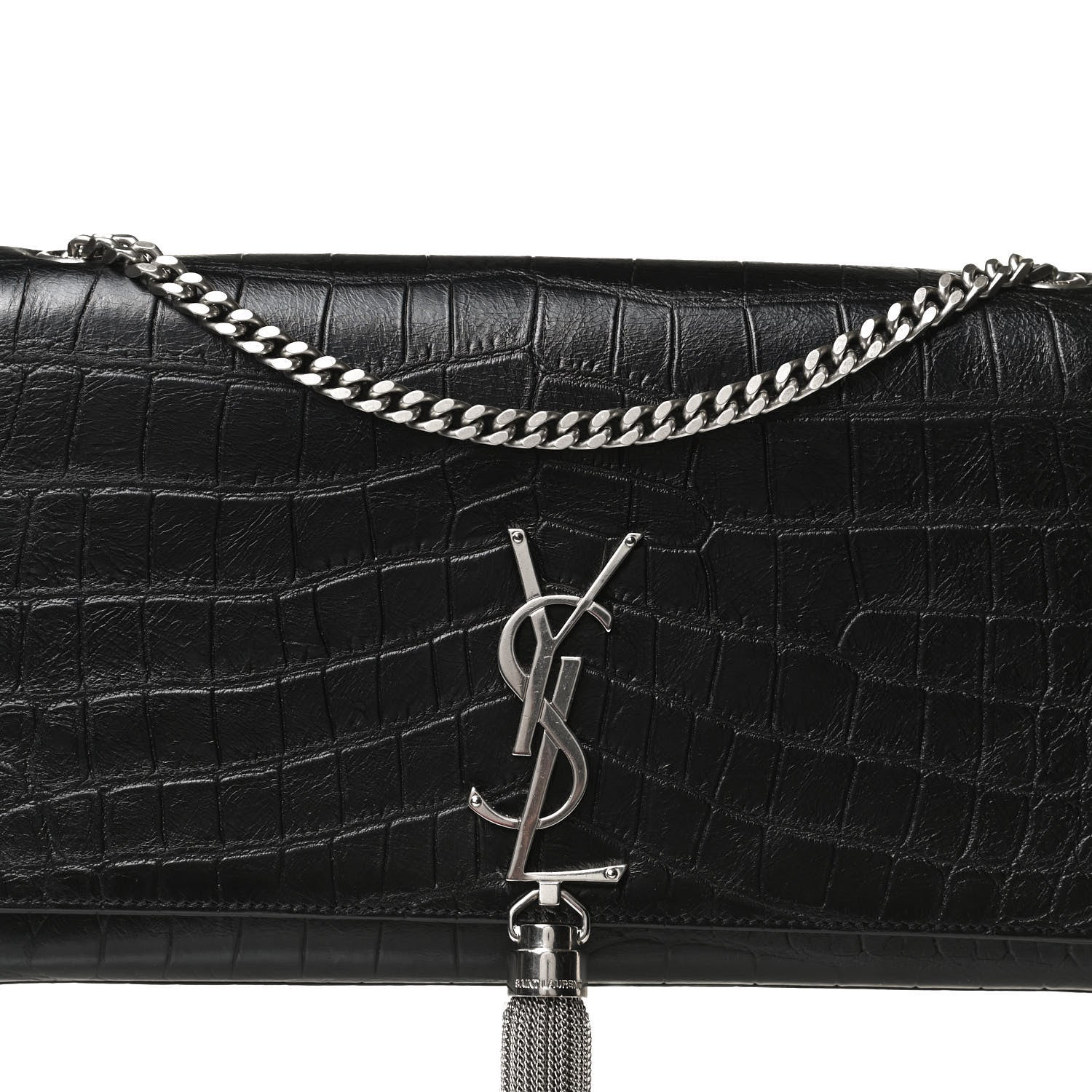 Saint Laurent Calfskin Crocodile Embossed Medium Classic Monogram Kate Tassel Satchel Black 7 of 13