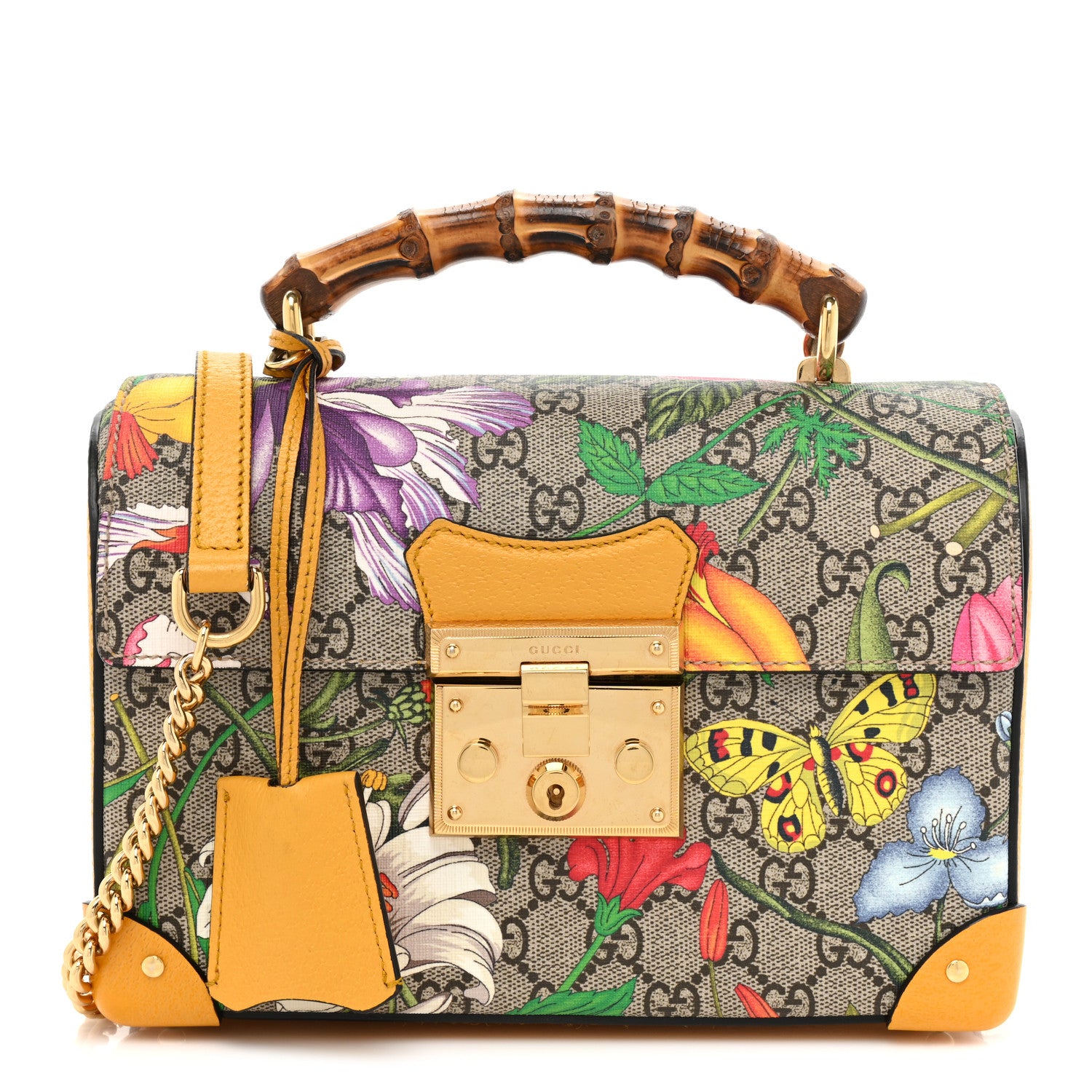 Gucci GG Supreme Monogram Flora Small Padlock Bamboo Shoulder Bag Beige Multicolor Crop 1 of 13