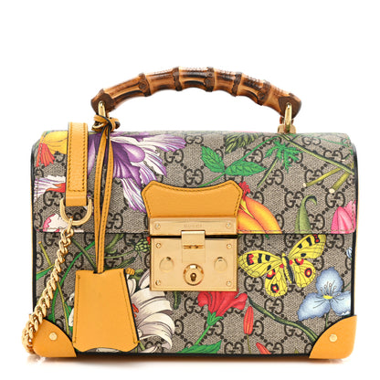 Gucci GG Supreme Monogram Flora Small Padlock Bamboo Shoulder Bag Beige Multicolor Crop 1 of 13