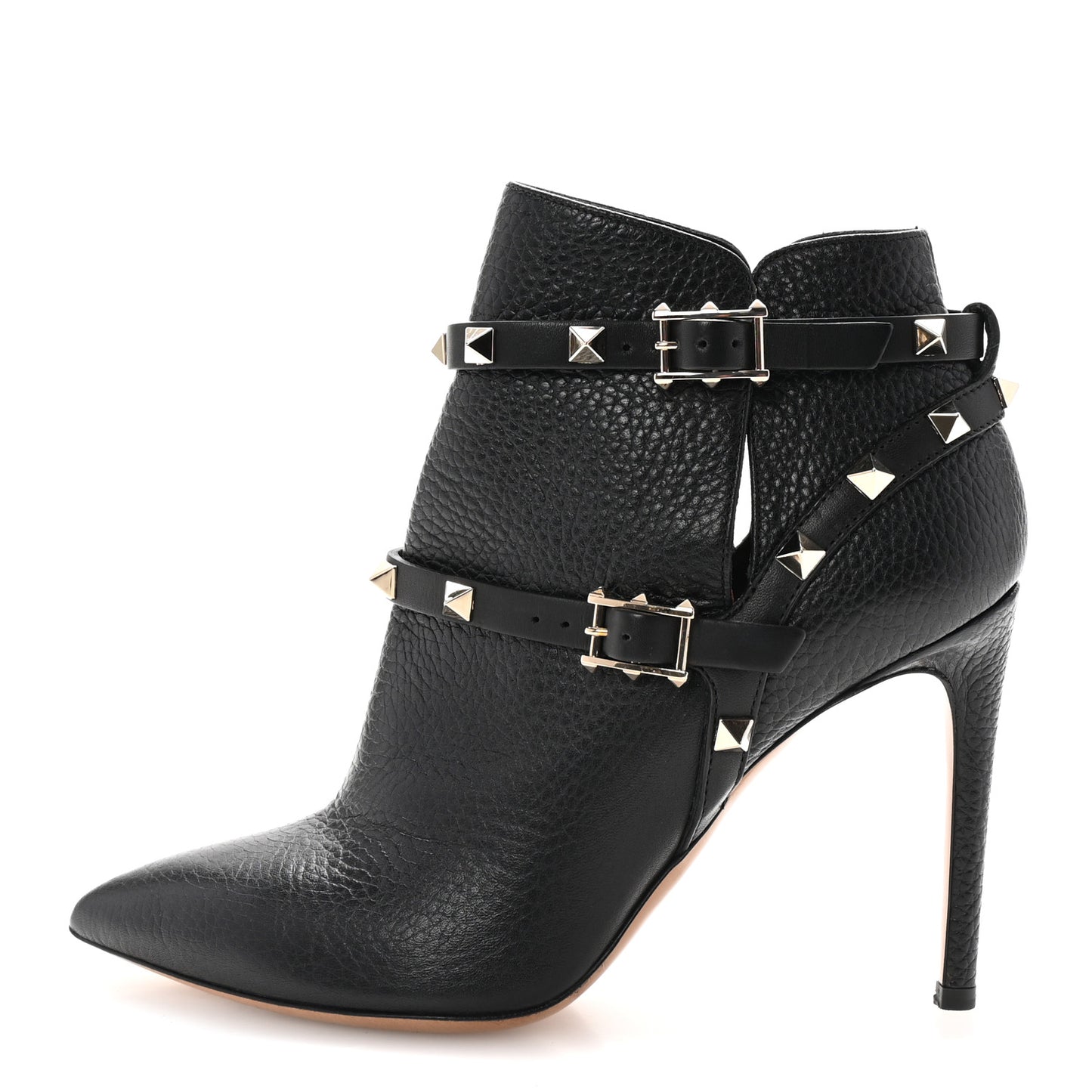 Grained Calfskin Rockstud Double Buckle 100mm Ankle Boots 36.5 Black