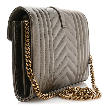 Saint Laurent Metallic Grain De Poudre Mixed Matelasse Triquilt Monogram Chain Wallet Piombo 3 of 11