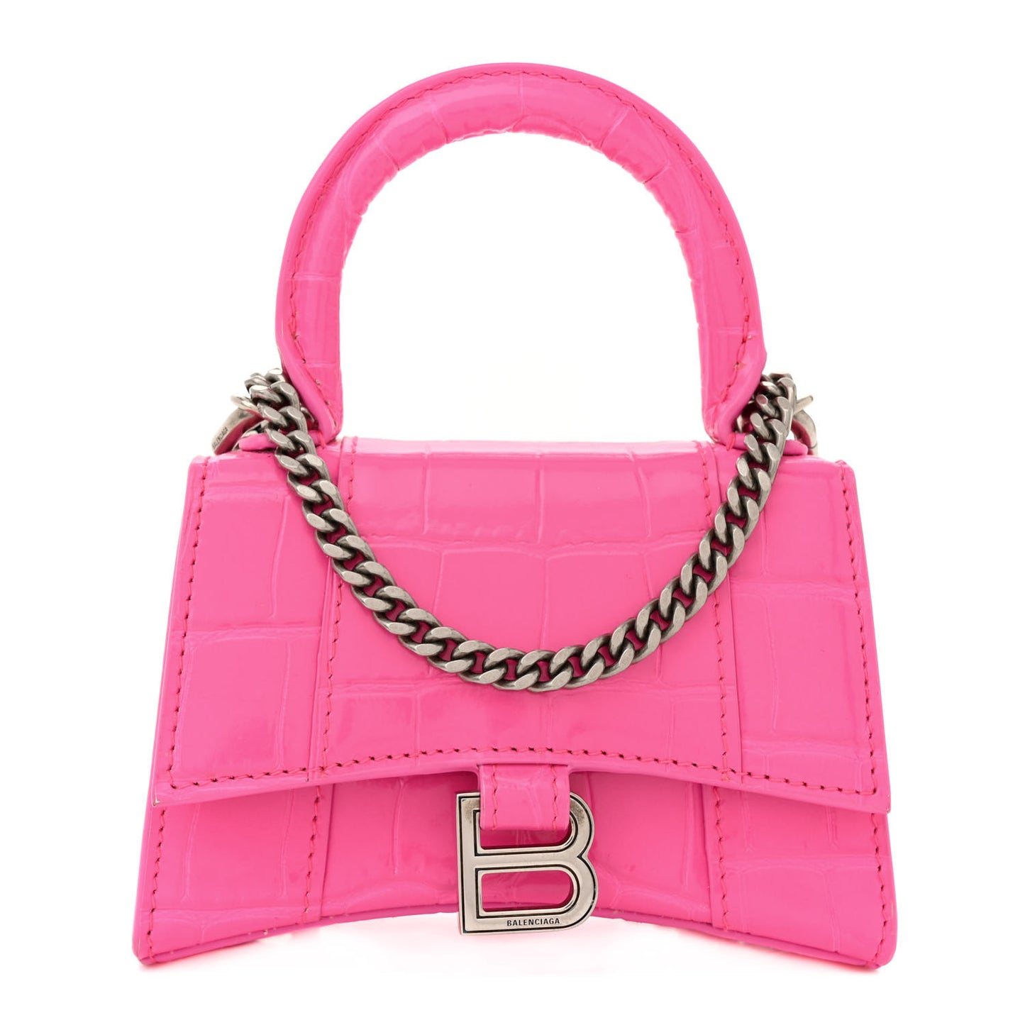 Shiny Calfskin Crocodile Embossed Hourglass Top Handle Bag Mini with Chain Neon Pink