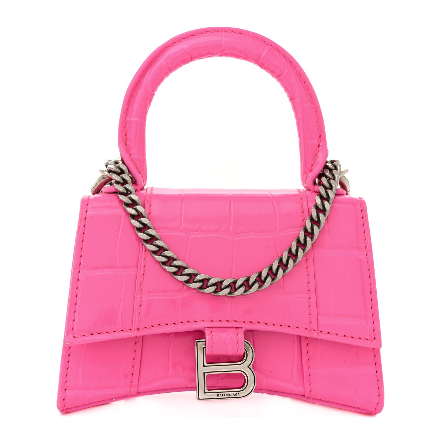 Balenciaga Shiny Calfskin Crocodile Embossed Hourglass Top Handle Bag Mini with Chain Neon Pink 1 of 14