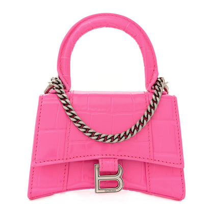 Balenciaga Shiny Calfskin Crocodile Embossed Hourglass Top Handle Bag Mini with Chain Neon Pink 1 of 14