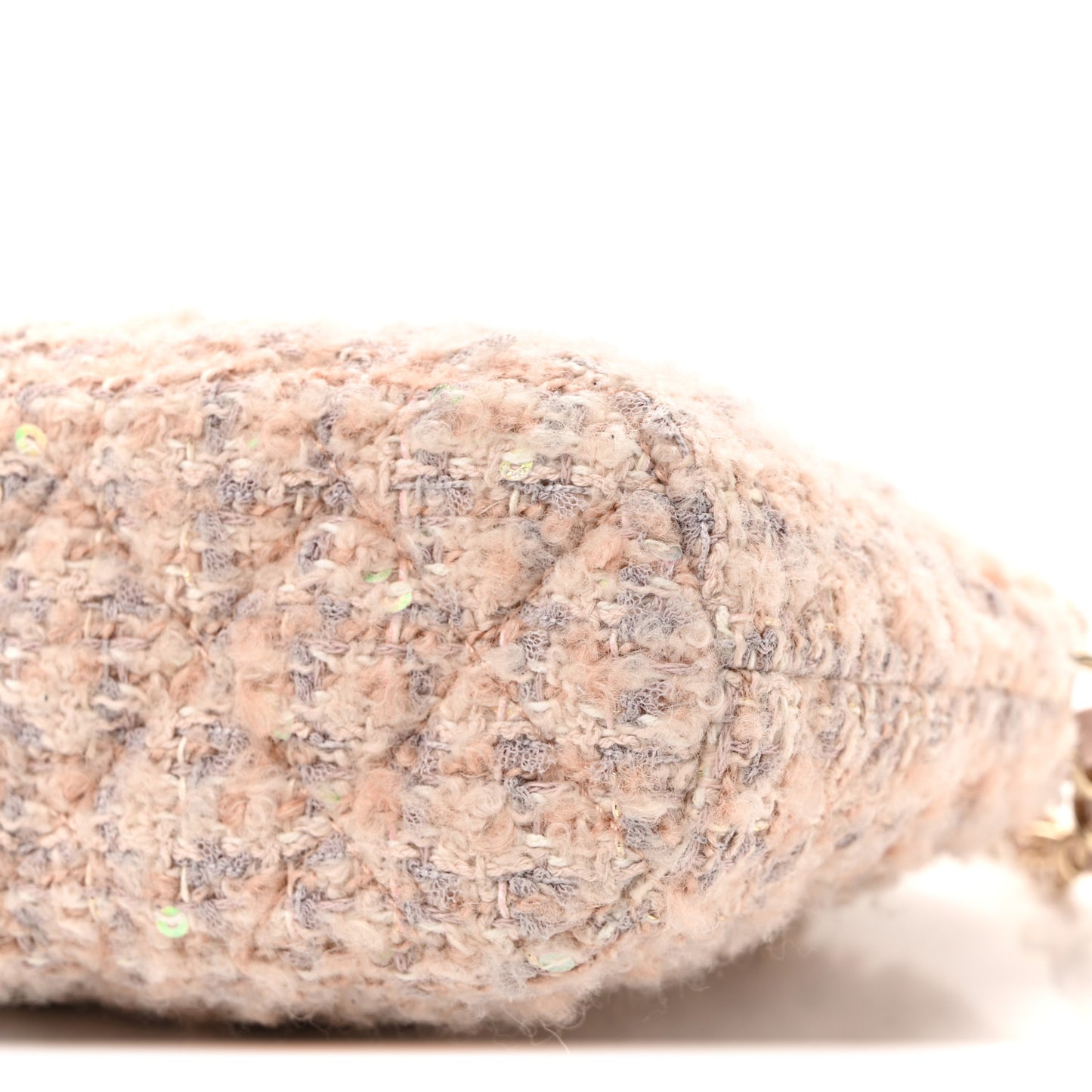 Cotton Wool Tweed Sequin Quilted Shiny Coco Clutch With Chain Light Pink Beige Ecru