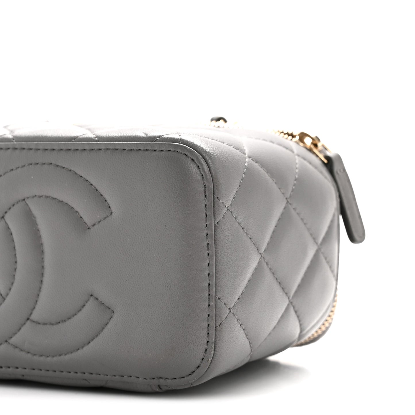 Lambskin Quilted Small Top Handle Vanity Case With Chain Dark Grey