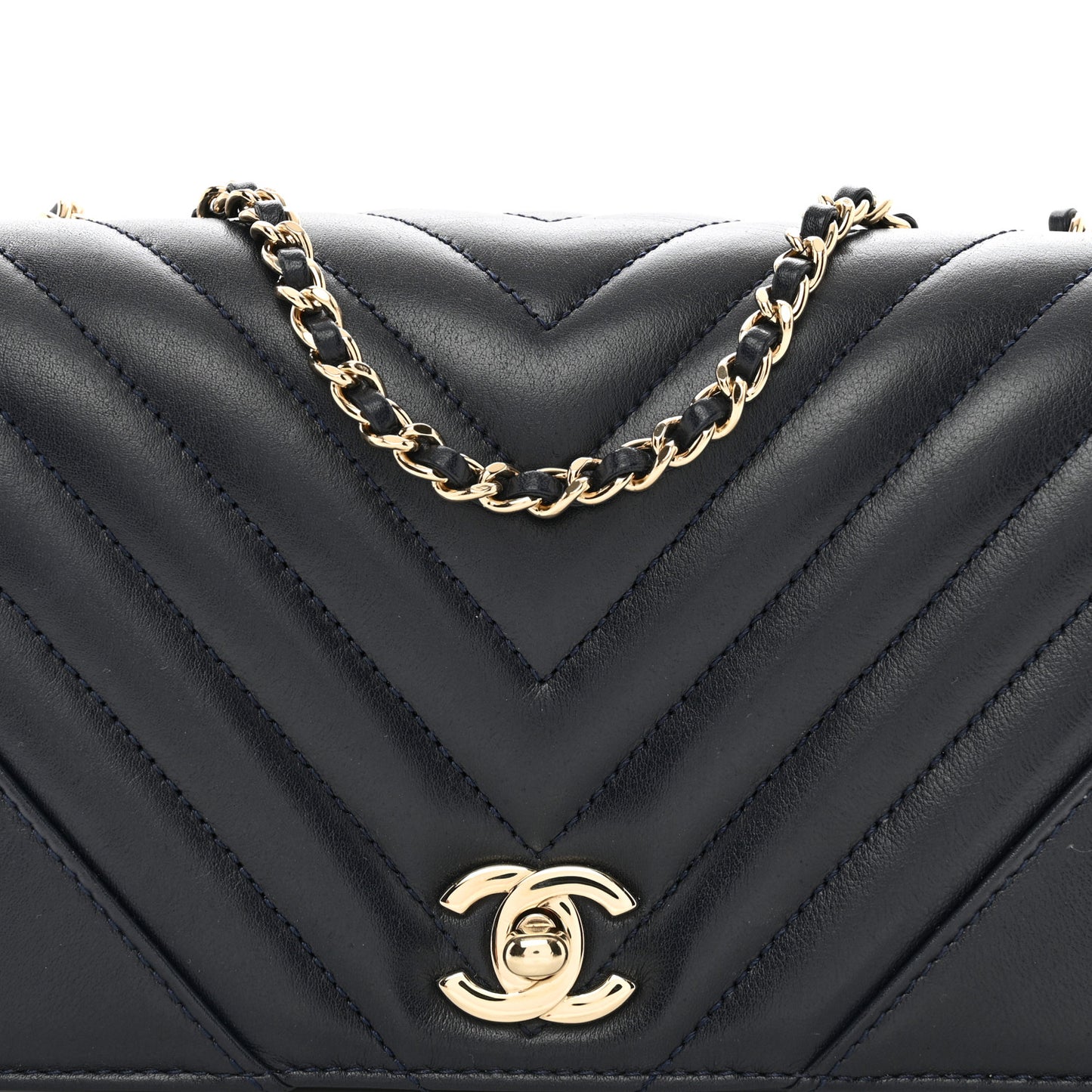 Calfskin Chevron Quilted Mini Statement Flap Navy Blue