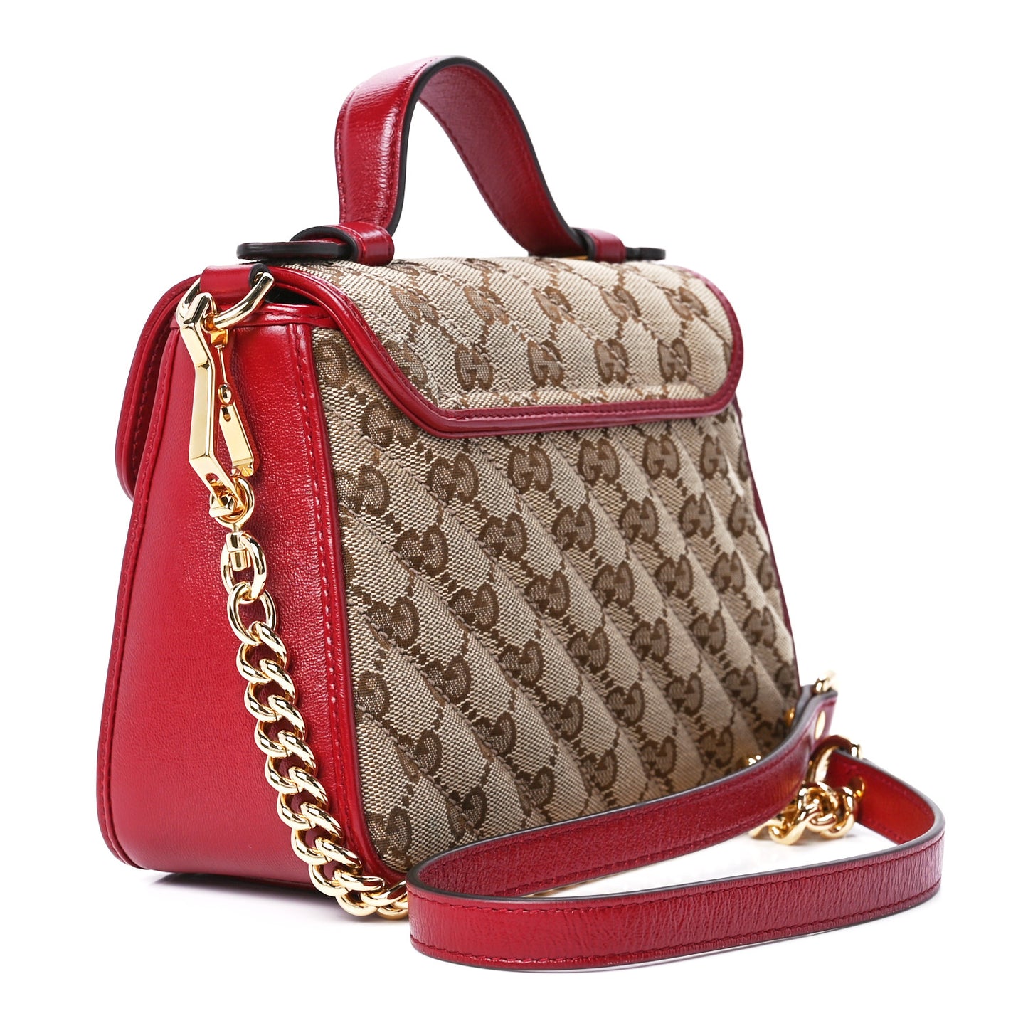 Monogram Glazed Calfskin Matelasse Diagonal Mini GG Marmont Top Handle Shoulder Bag Beige Ebony New Cherry Red
