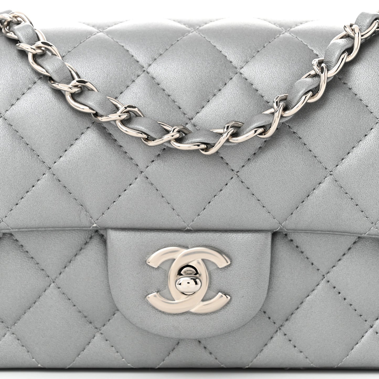 Metallic Lambskin Quilted Mini Rectangular Flap Silver