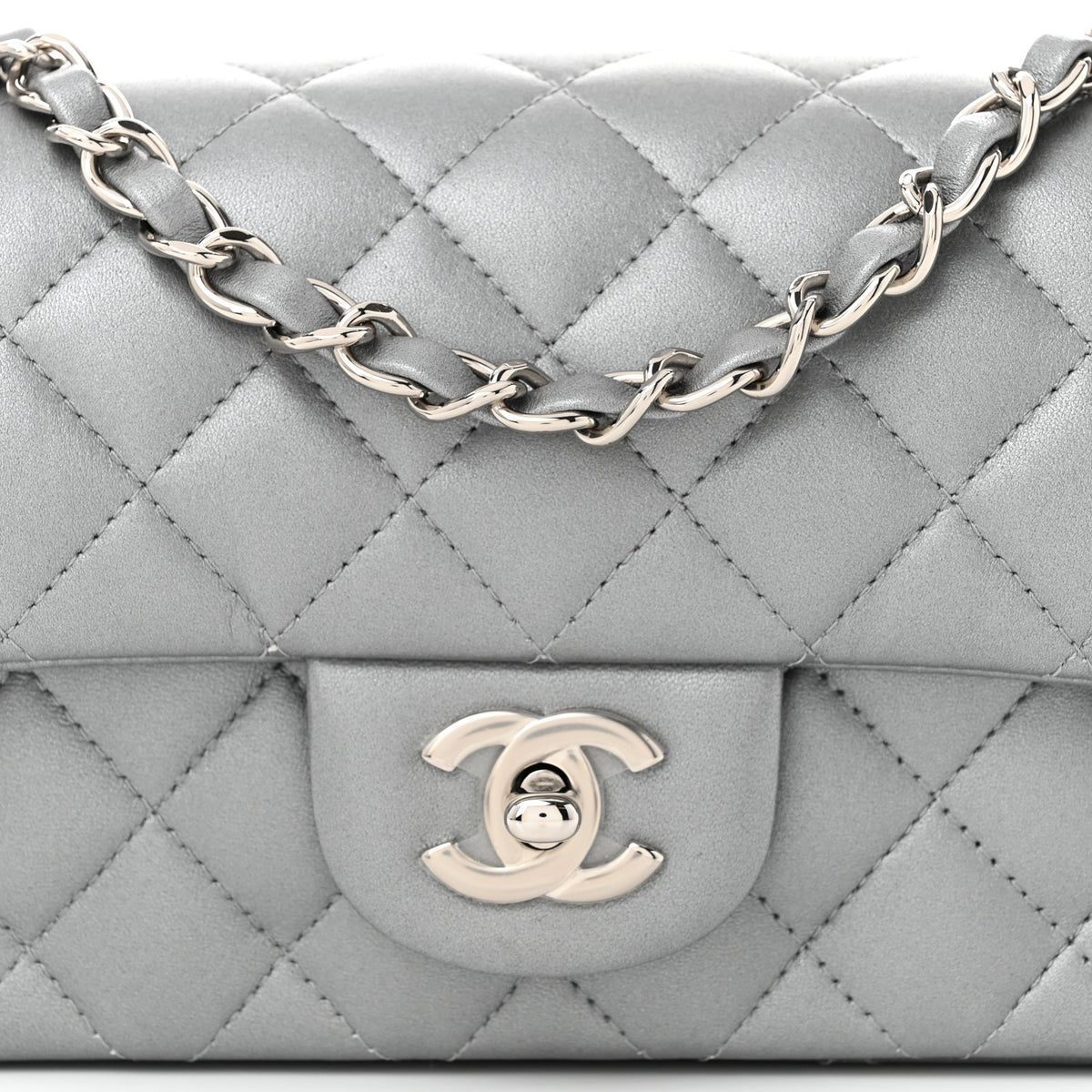Metallic Lambskin Quilted Mini Rectangular Flap Silver