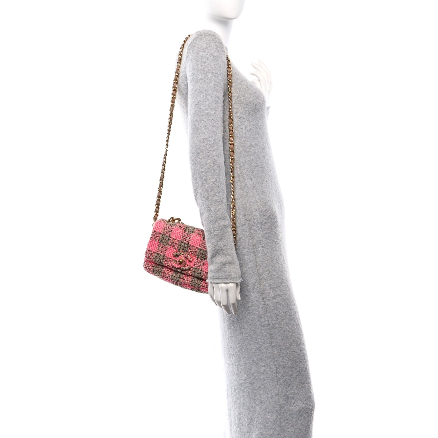 Wool Tweed Quilted Small Elegant Chain Flap Pink Brown