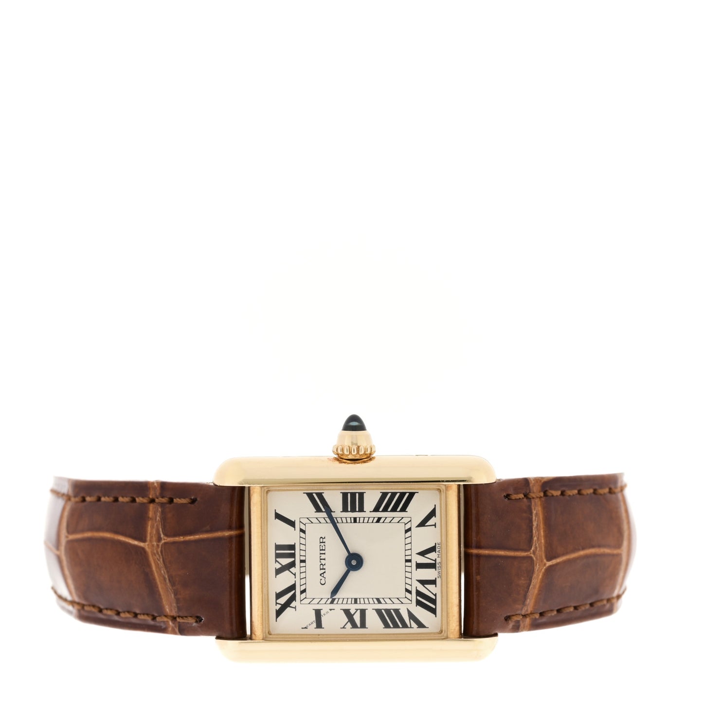 18K Yellow Gold Alligator 22mm Tank Louis Quartz Watch Brown