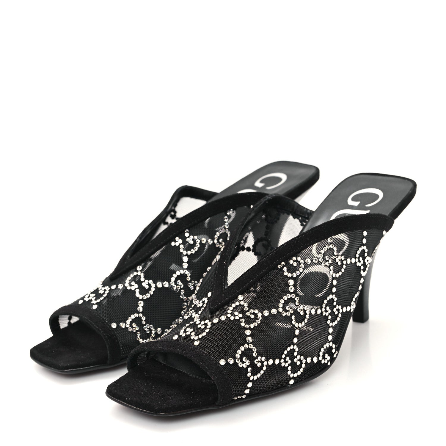 Gucci Tela Retino Kid Scamosciato Crystal GG Monogram Square G 95mm Slide Sandals 35 Black 4 of 9