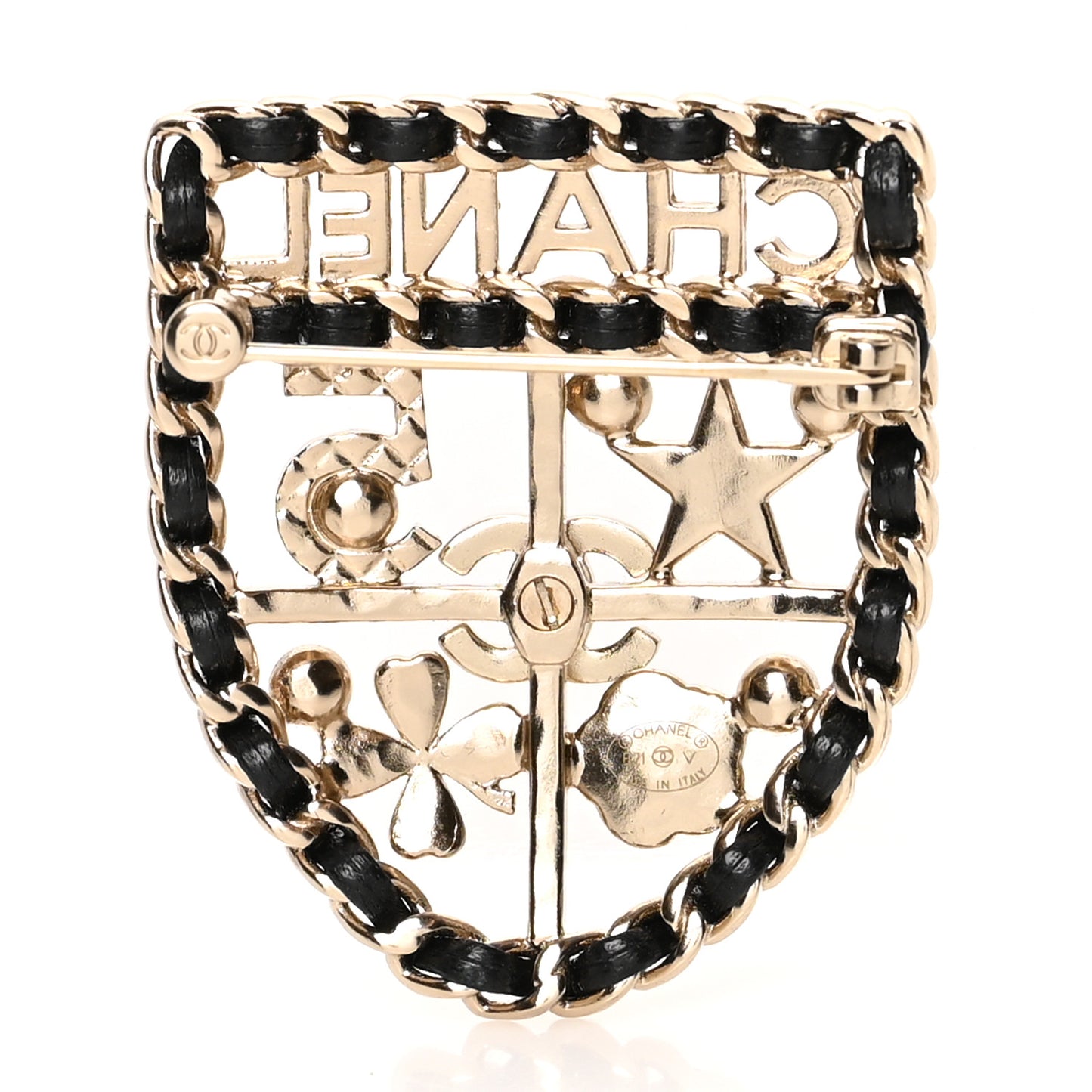 Lambskin Pearl Strass Sergeant Chanel Shield Brooch Gold