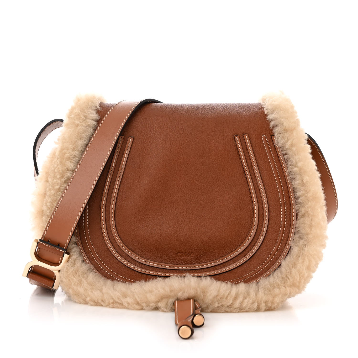 Chloe Calfskin Shearling Medium Marcie Saddle Bag Bag Tan 1 of 13
