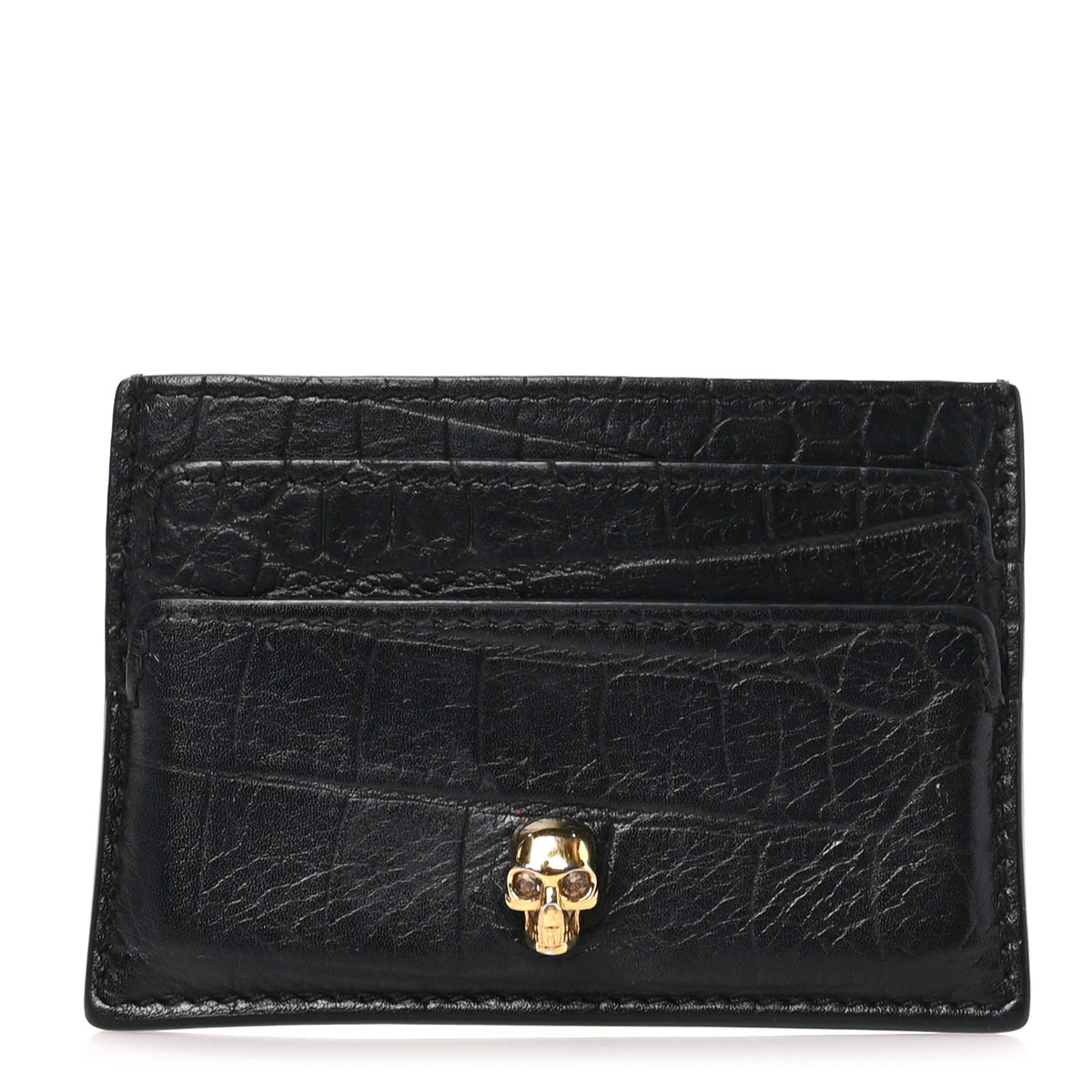 Calfskin Crocodile Embossed Skull Card Holder Black