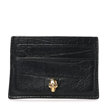 Alexander McQueen Calfskin Crocodile Embossed Skull Card Holder Black 1 of 8