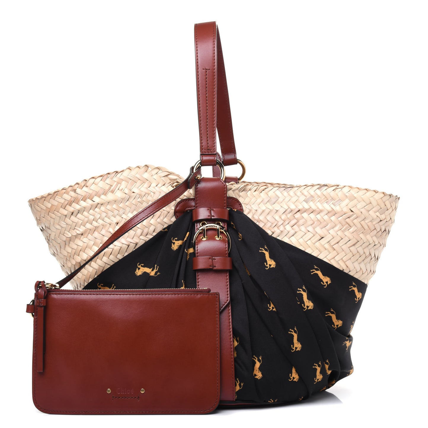 Smooth Calfskin Raffia Little Horses Medium Panier Basket Black Yellow