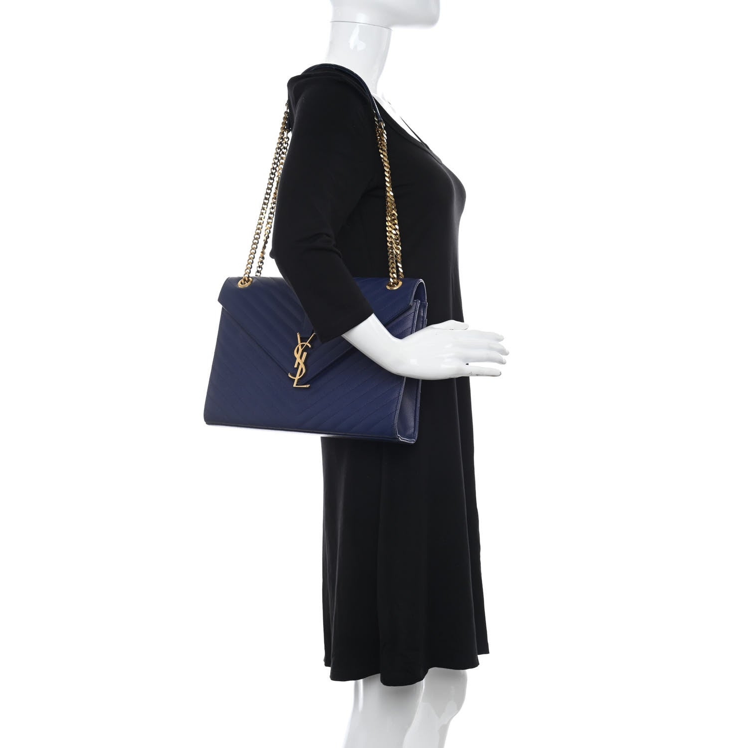 Saint Laurent Grain De Poudre Matelasse Chevron Large Monogram Satchel Navy Blue 2 of 10