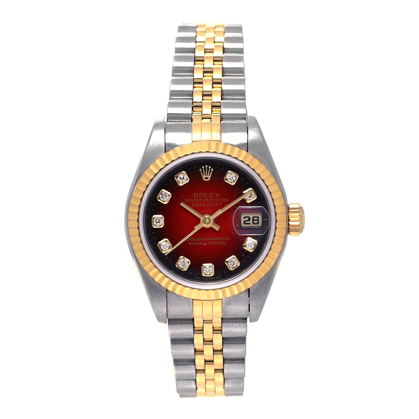 Stainless Steel 18K Yellow Gold Diamond 26mm Oyster Perpetual Datejust Watch Red Gradient 79173