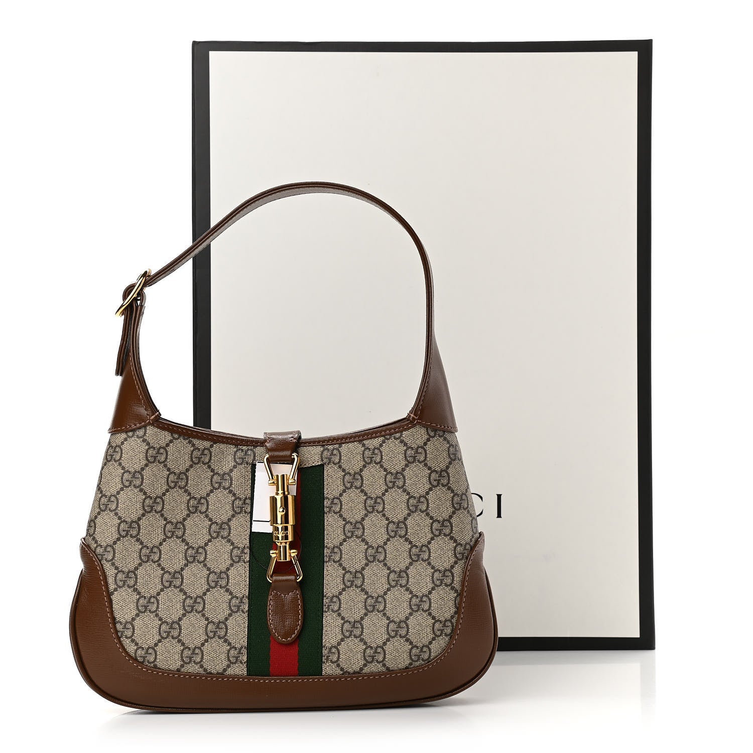 Gucci GG Supreme Monogram Azalea Calfskin Web Small Jackie 1961 Hobo Beige Ebony Brown Sugar 10 of 10
