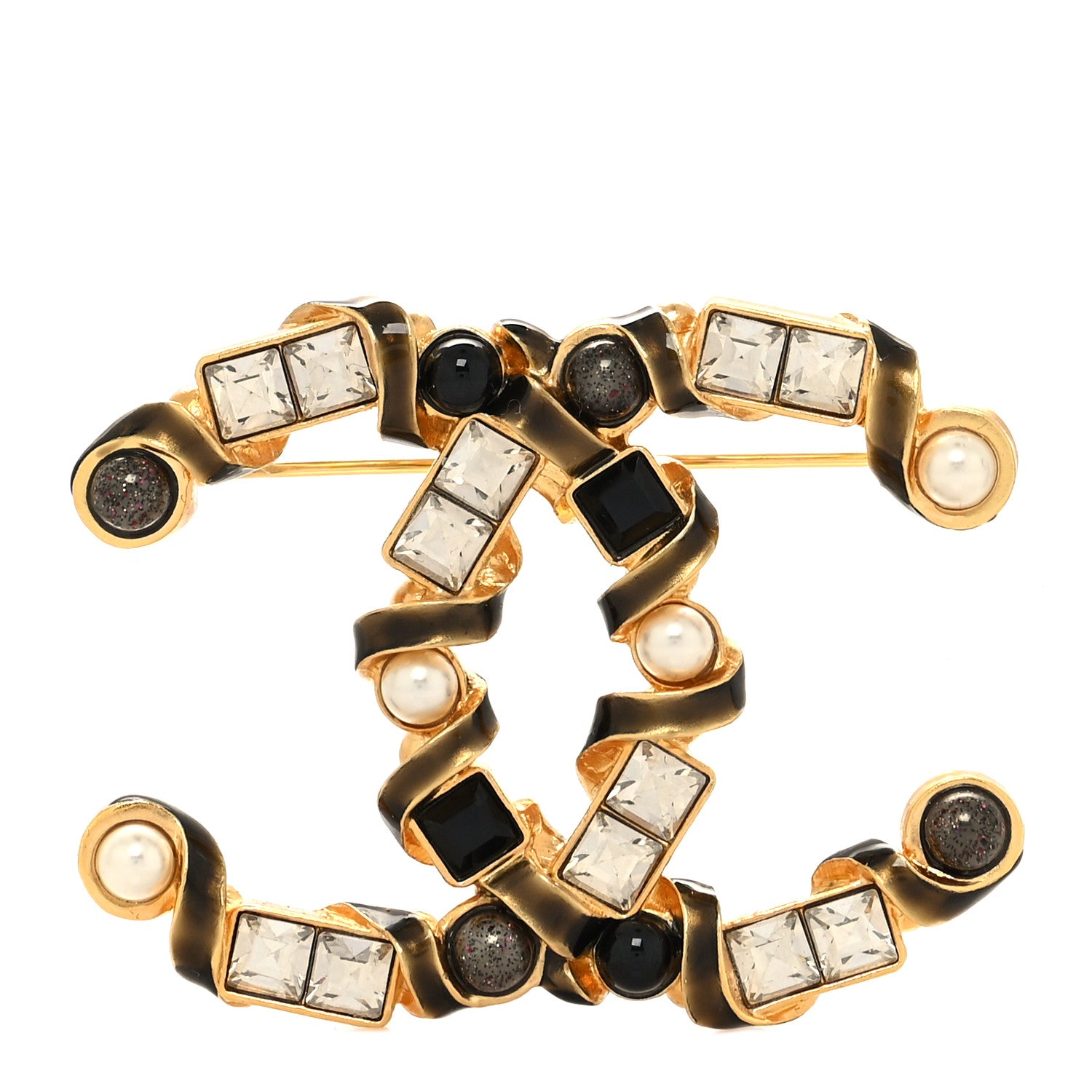Chanel Crystal Baguette Pearl Resin CC Brooch Gold Black Pearly White 1 of 3