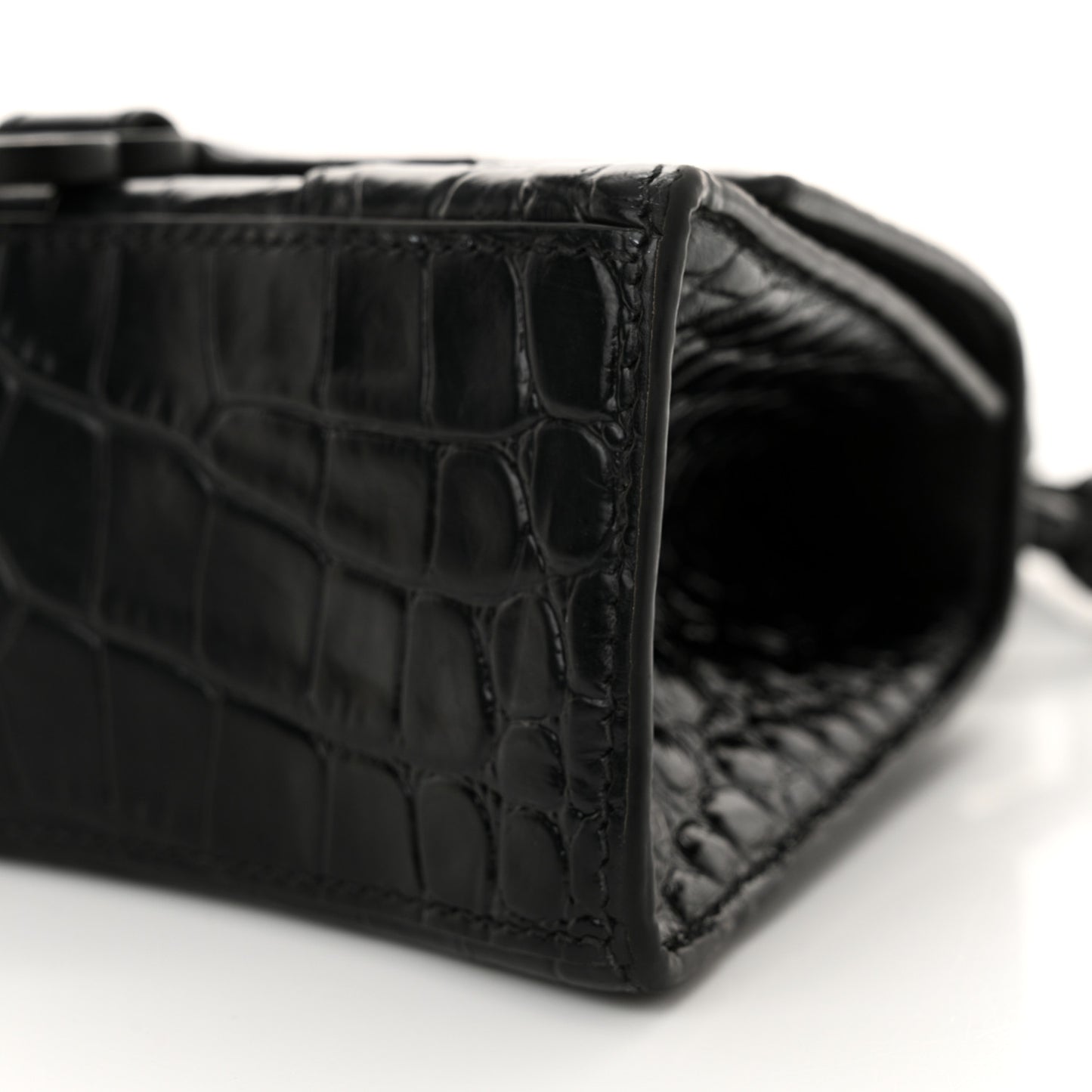 Shiny Calfskin Monochrome Crocodile Embossed Hourglass Top Handle Bag XS Black