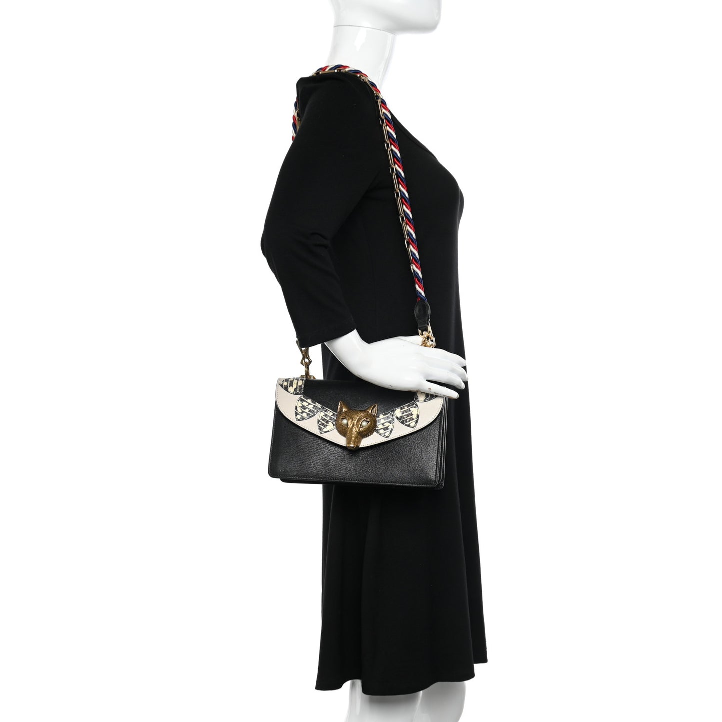 Goatskin Snakeskin Fox Broche Shoulder Bag Black