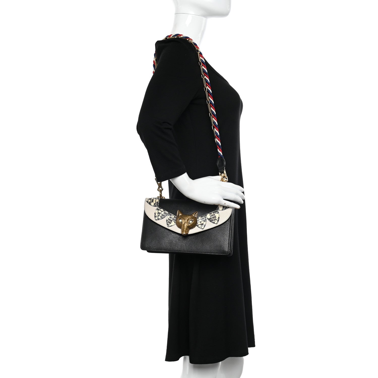 Gucci Goatskin Snakeskin Fox Broche Shoulder Bag Black 2 of 13