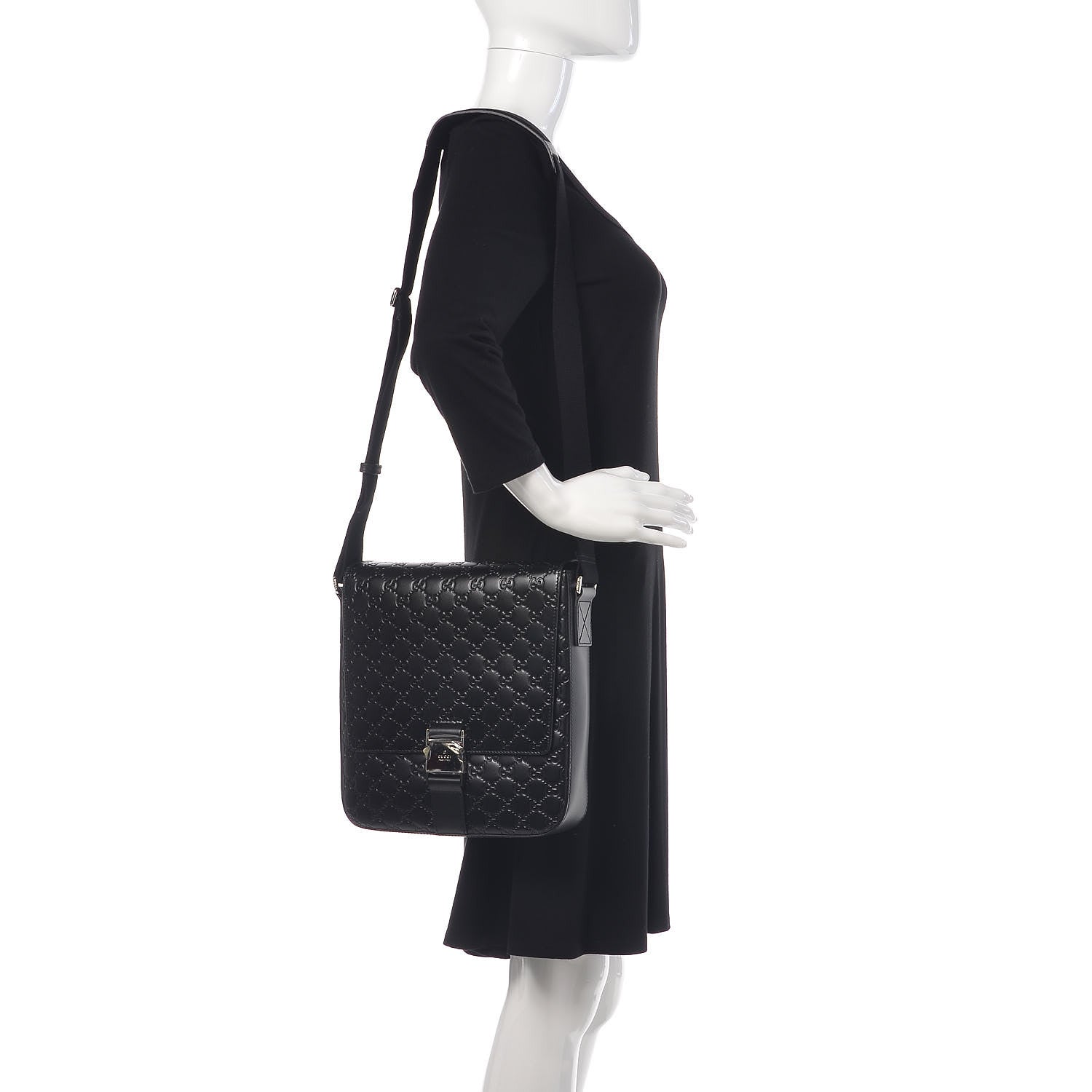 Gucci Guccissima Signature Single Buckle Flap Messenger Bag Black 2 of 10