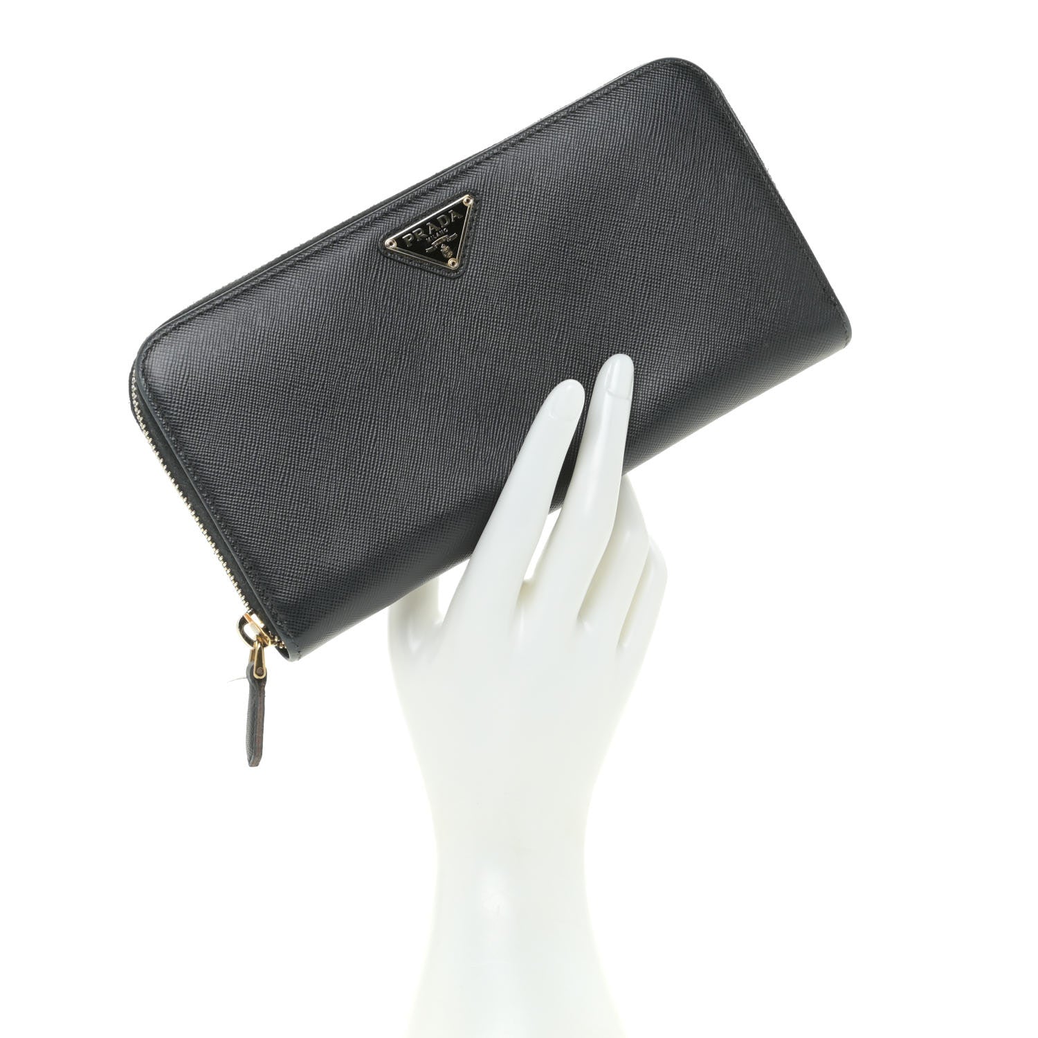 Prada Saffiano Triangle Zip Around Wallet Black 2 of 10