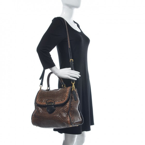 Goatskin Woven Top Handle Satchel Black Tan