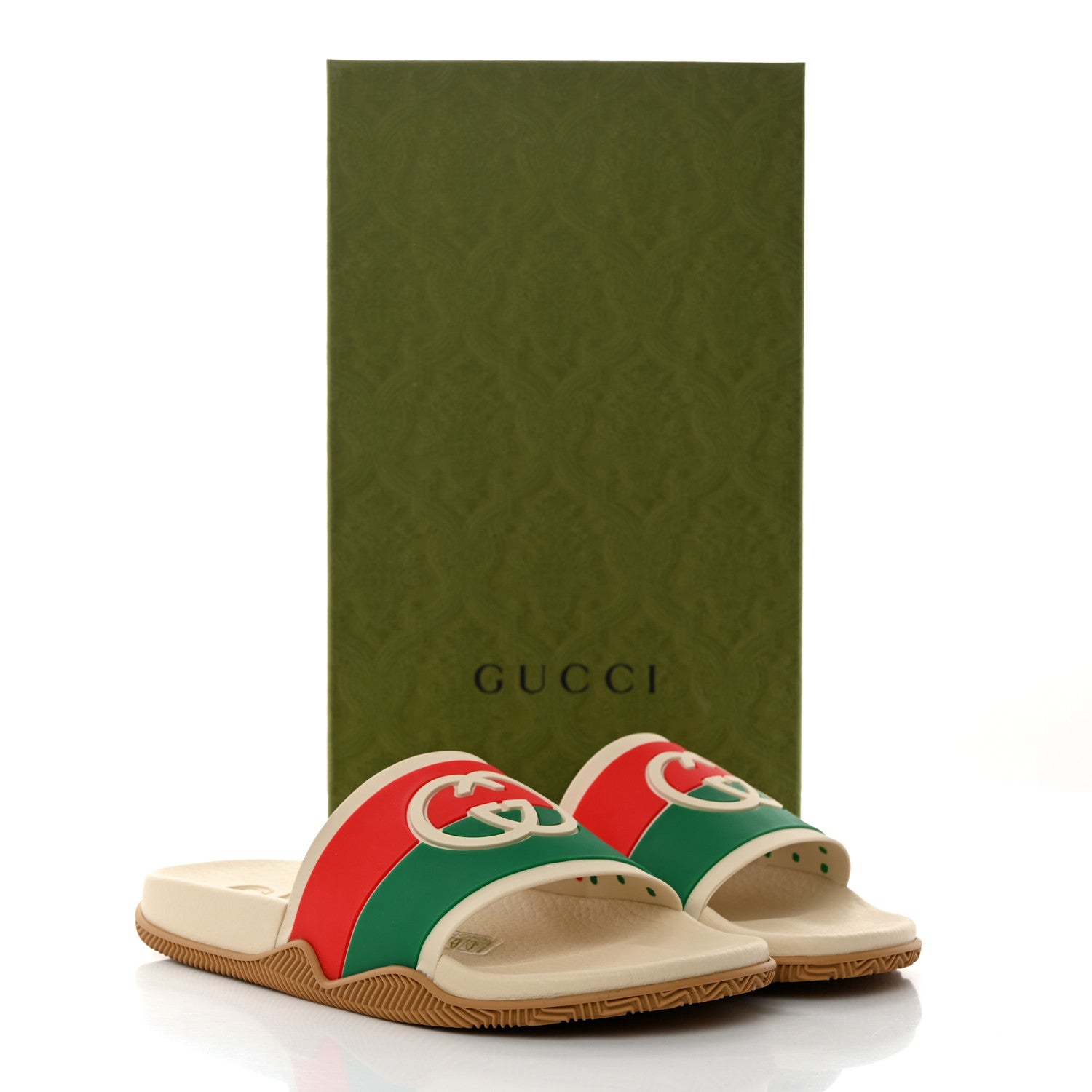 Gucci Rubber Web Womens Interlocking G Slide Sandals 41 Mystic White Green Red 9 of 9