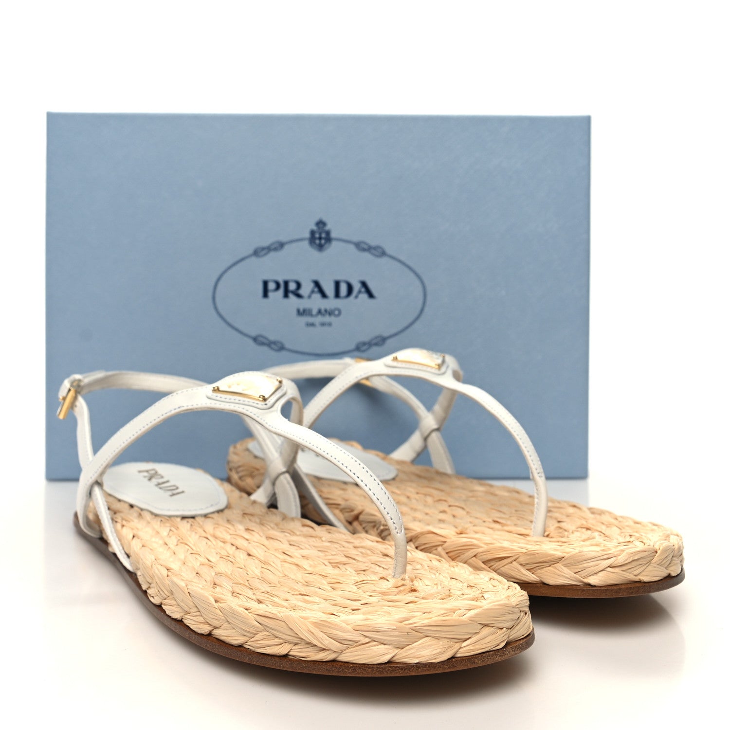 Prada Raffia Metal Triangle Logo Woven Slingback Flat Thong Sandals 40 White 2 of 10