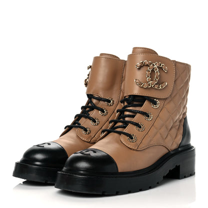 Chanel Lambskin Calfskin Quilted Lace Up Combat Boots 37 Light Brown 3 of 8