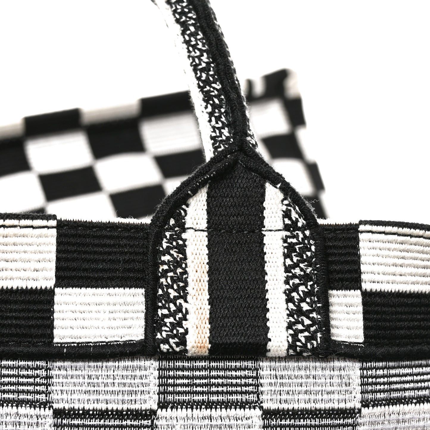 Canvas Embroidered Checkered Book Tote Black White