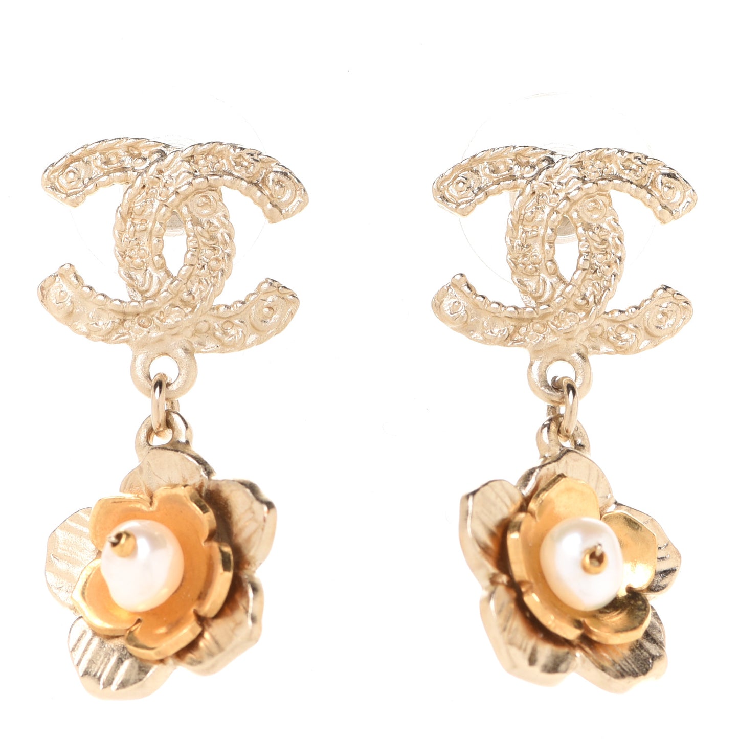 Pearl CC Flower Drop Earrings Gold