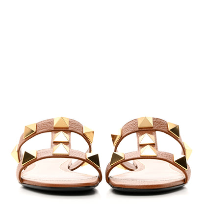 Valentino Garavani VALENTINO GARAVANI Calfskin Roman Stud Flat Slide Sandals 37 Saddle Brown 2 of 8