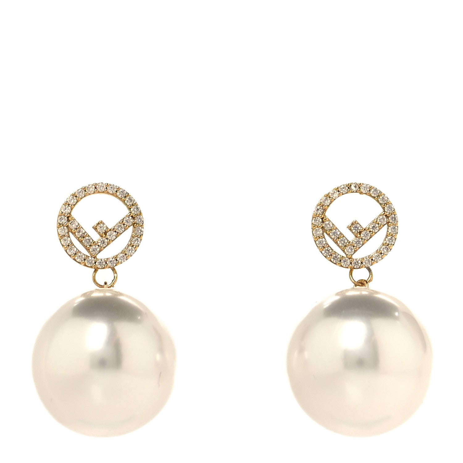 Fendi Metal Crystal Pearl Logo Drop Earrings Gold 2 of 10