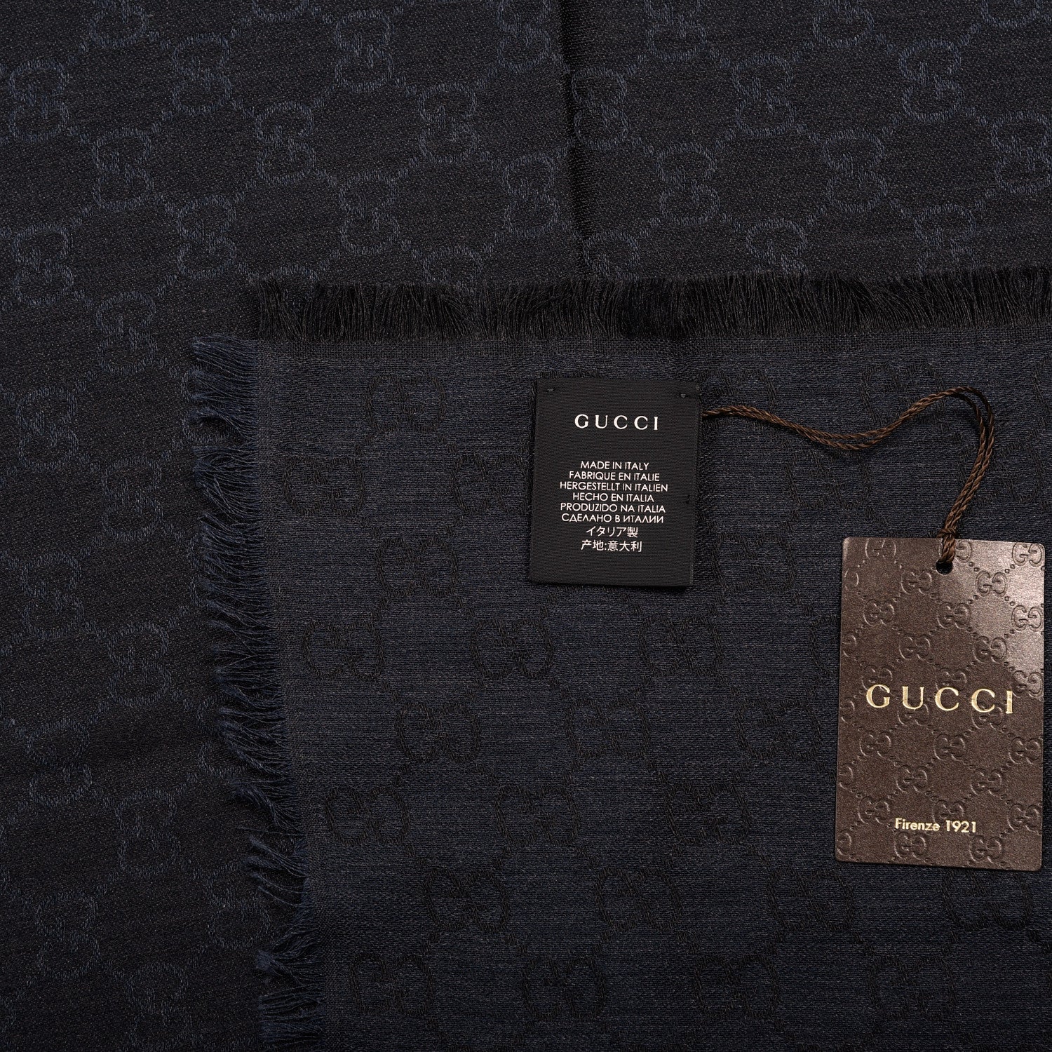 Gucci Wool Silk Monogram GGWeb Fringe Shawl Navy Black 3 of 4