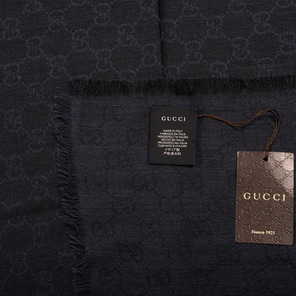 Gucci Wool Silk Monogram GGWeb Fringe Shawl Navy Black 3 of 4
