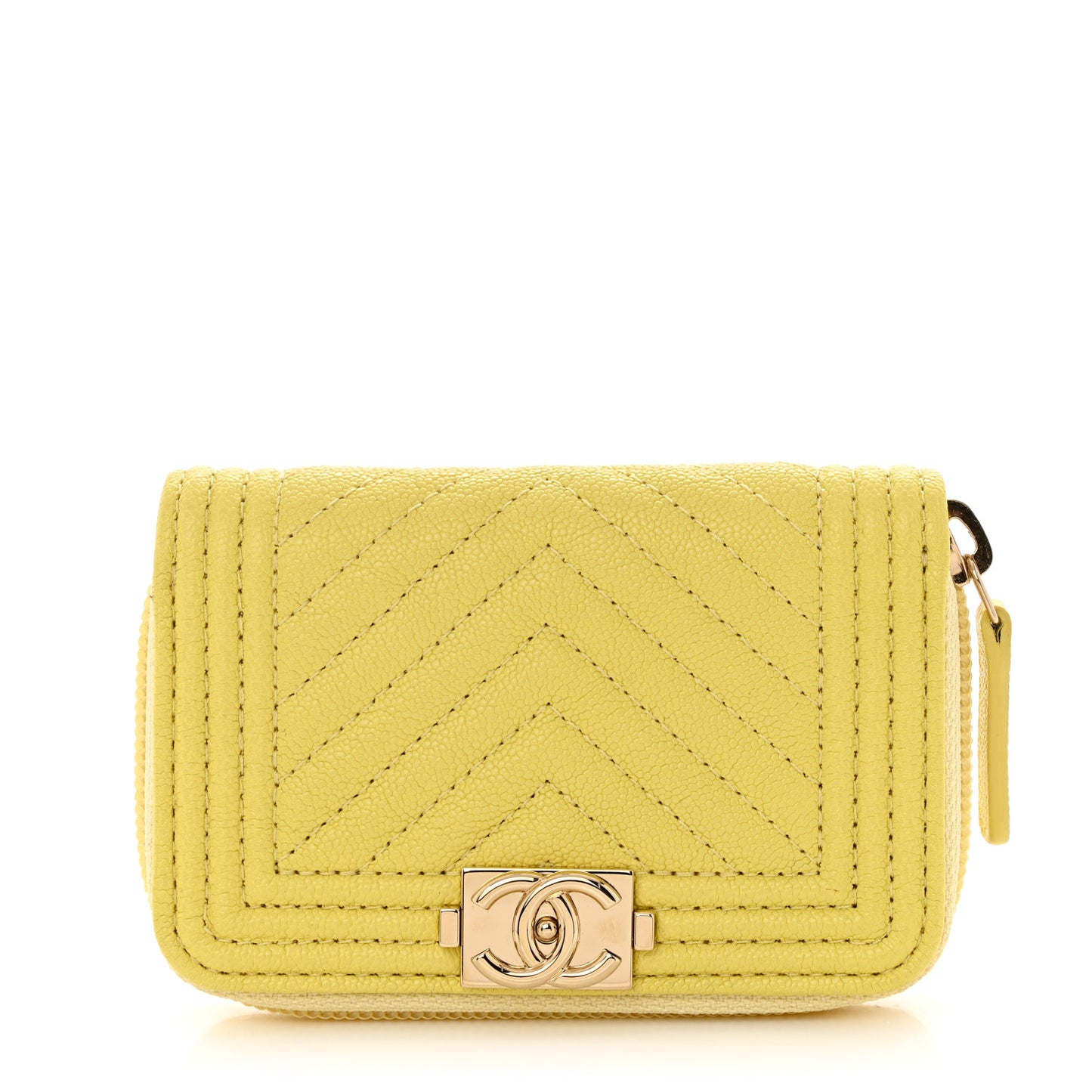 Caviar Chevron Quilted Boy Zip Around Coin Purse Wallet Yellow